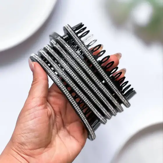 تل مو نگین‌دار پلاستیکی مشکی – بسته 12 عددی